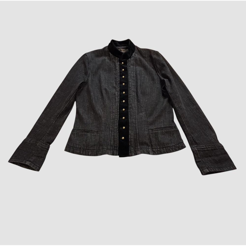 Lauren Jeans Co Ralph Lauren Women's Large Black Denim Jacket Velvet Trim - Picture 2 of 10
